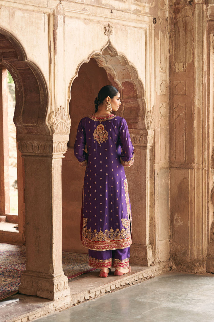 Sobia - Deep Purple Long Kurta With Palazzo And Dupatta