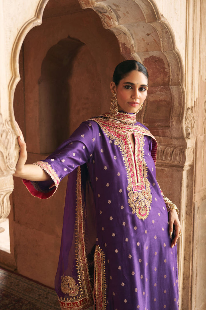 Sobia - Deep Purple Long Kurta With Palazzo And Dupatta