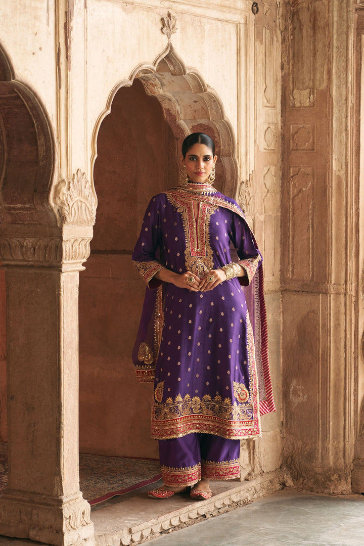 Sobia - Deep Purple Long Kurta With Palazzo And Dupatta