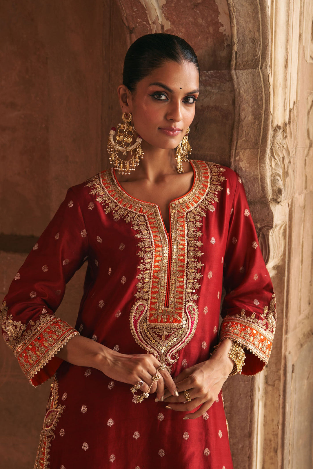 Sumaira - Deep Red Long Kurta With Palazzo And Dupatta