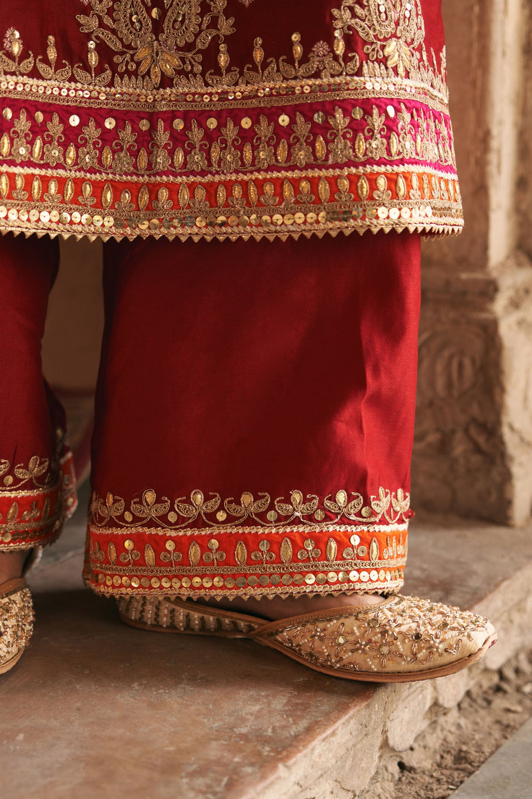 Sumaira - Deep Red Long Kurta With Palazzo And Dupatta