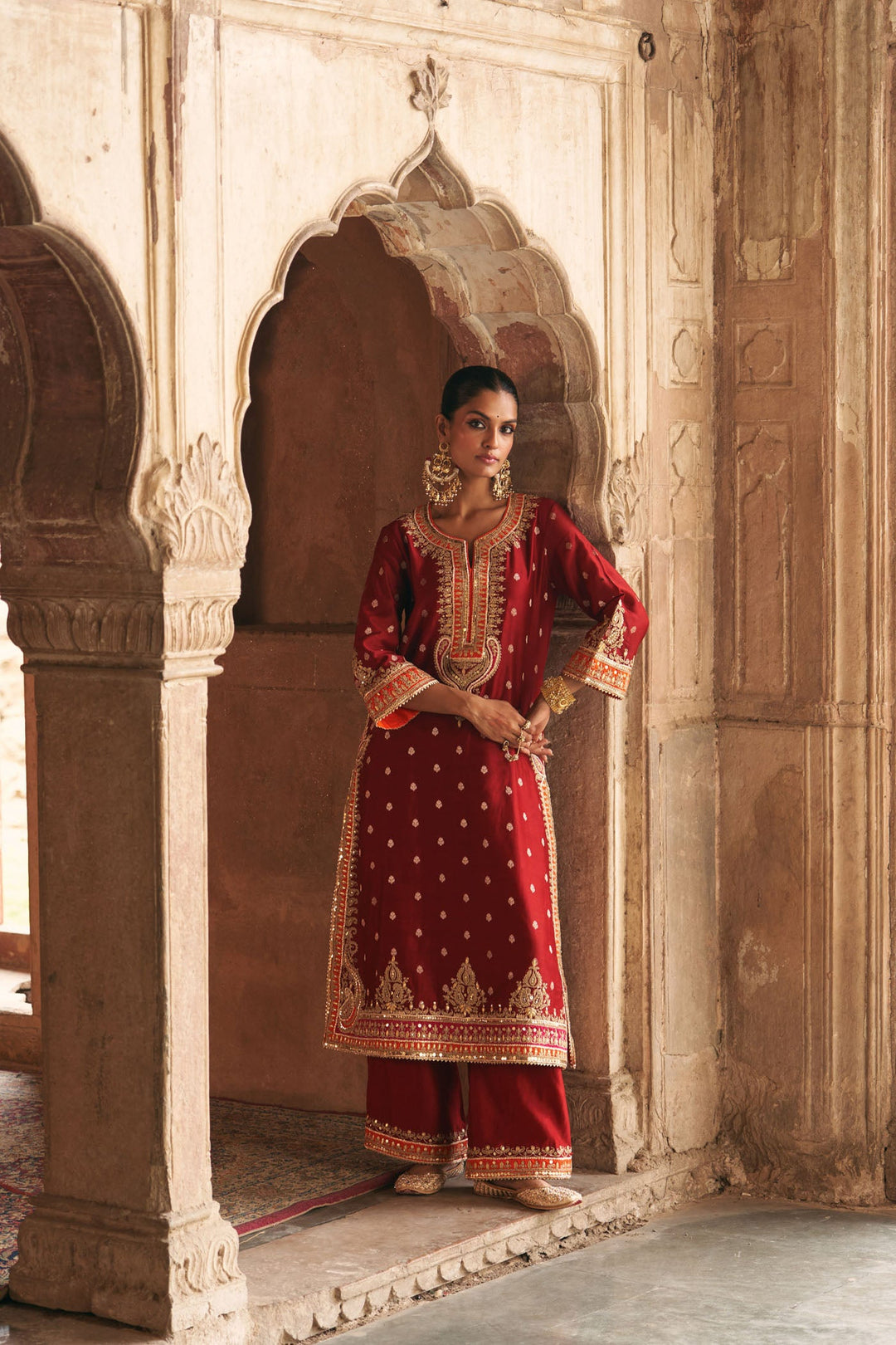 Sumaira - Deep Red Long Kurta With Palazzo And Dupatta