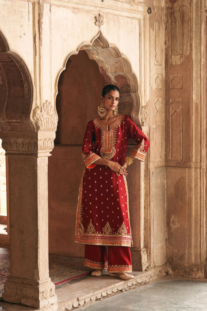 Sumaira - Deep Red Long Kurta With Palazzo And Dupatta