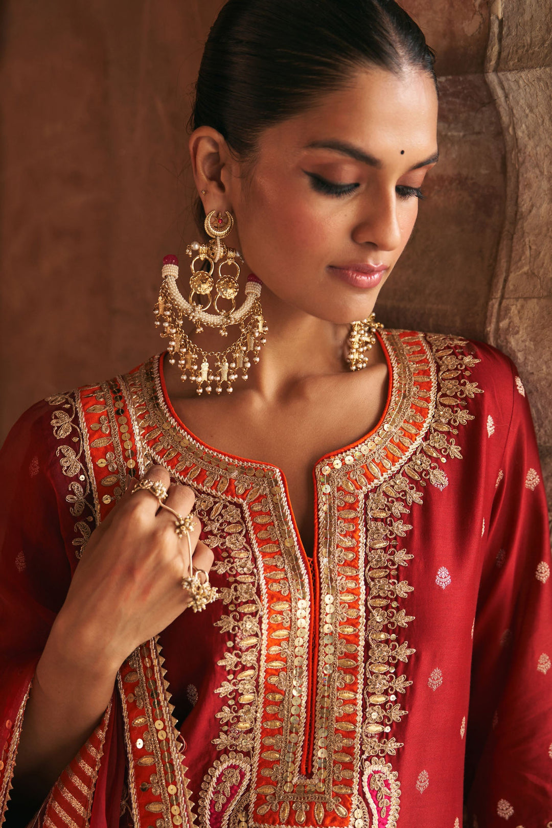 Sumaira - Deep Red Long Kurta With Palazzo And Dupatta