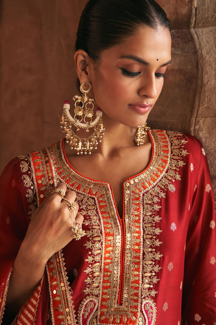 Sumaira - Deep Red Long Kurta With Palazzo And Dupatta