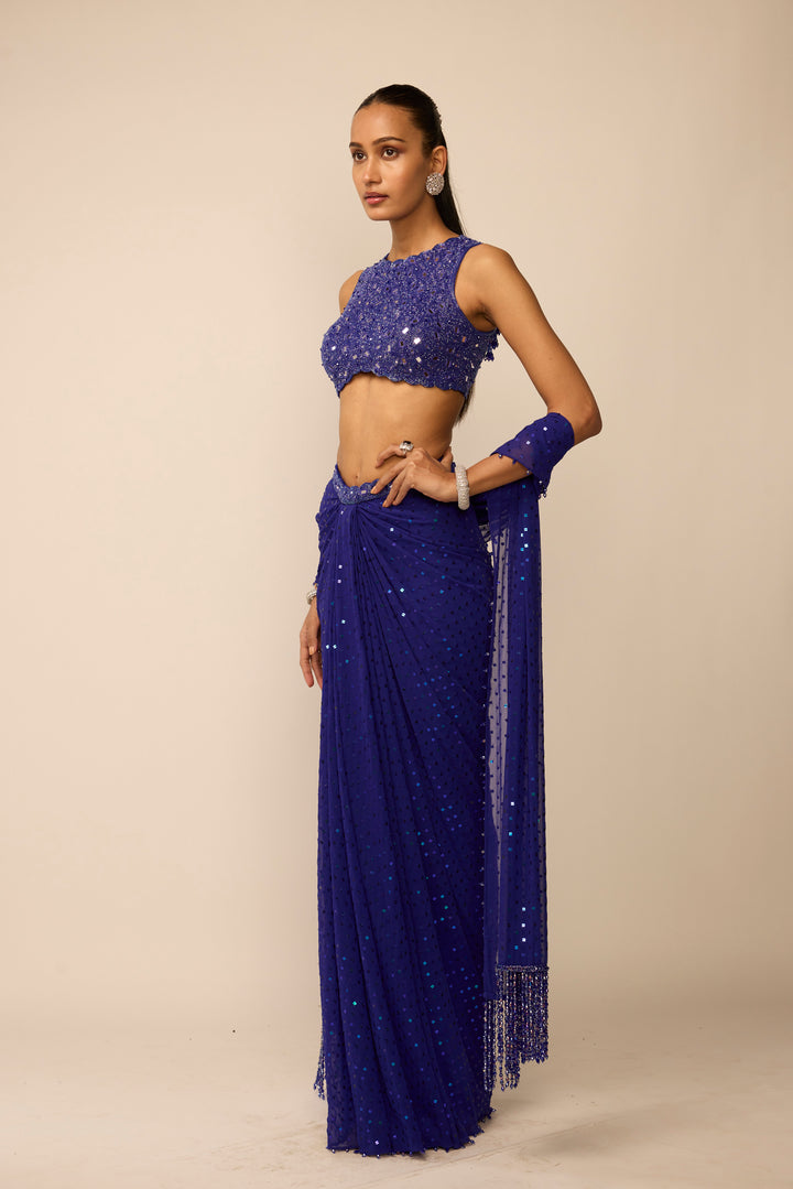 Cocktail Blue Sequins Embroidered Draped Skirt Set