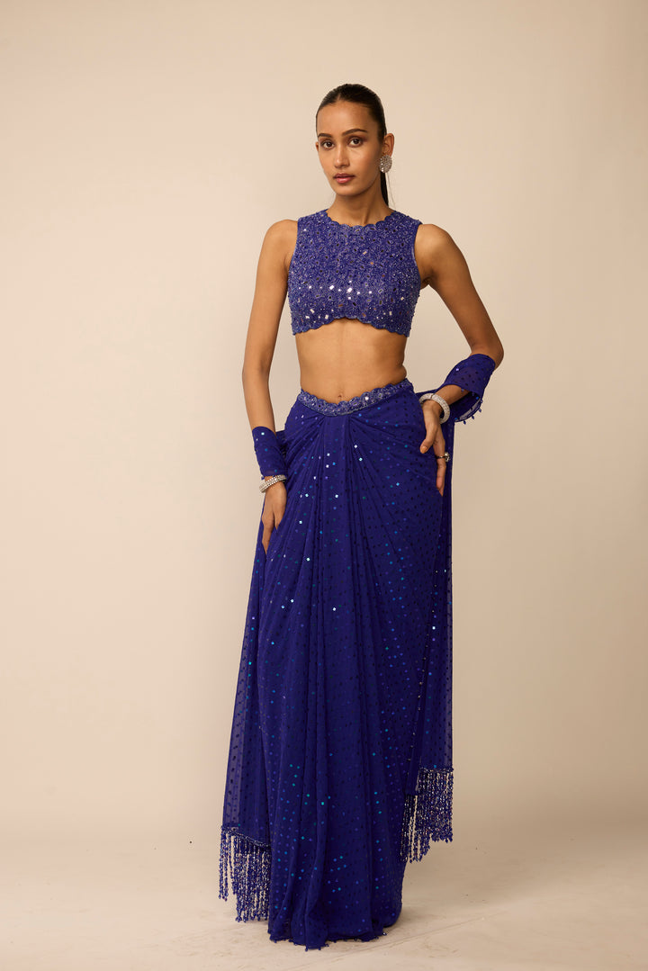Cocktail Blue Sequins Embroidered Draped Skirt Set