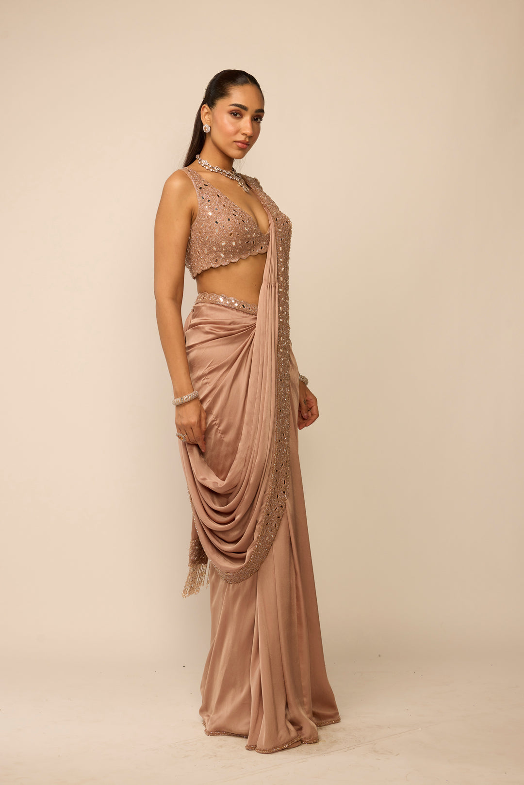 Bronze Rosé Satin Draped Saree Set