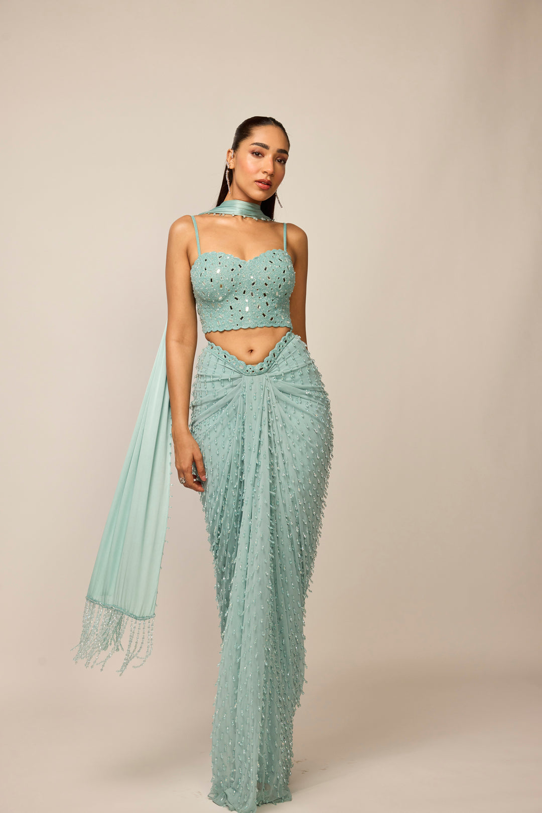 Powder Blue Single Drop Draped Skirt Set