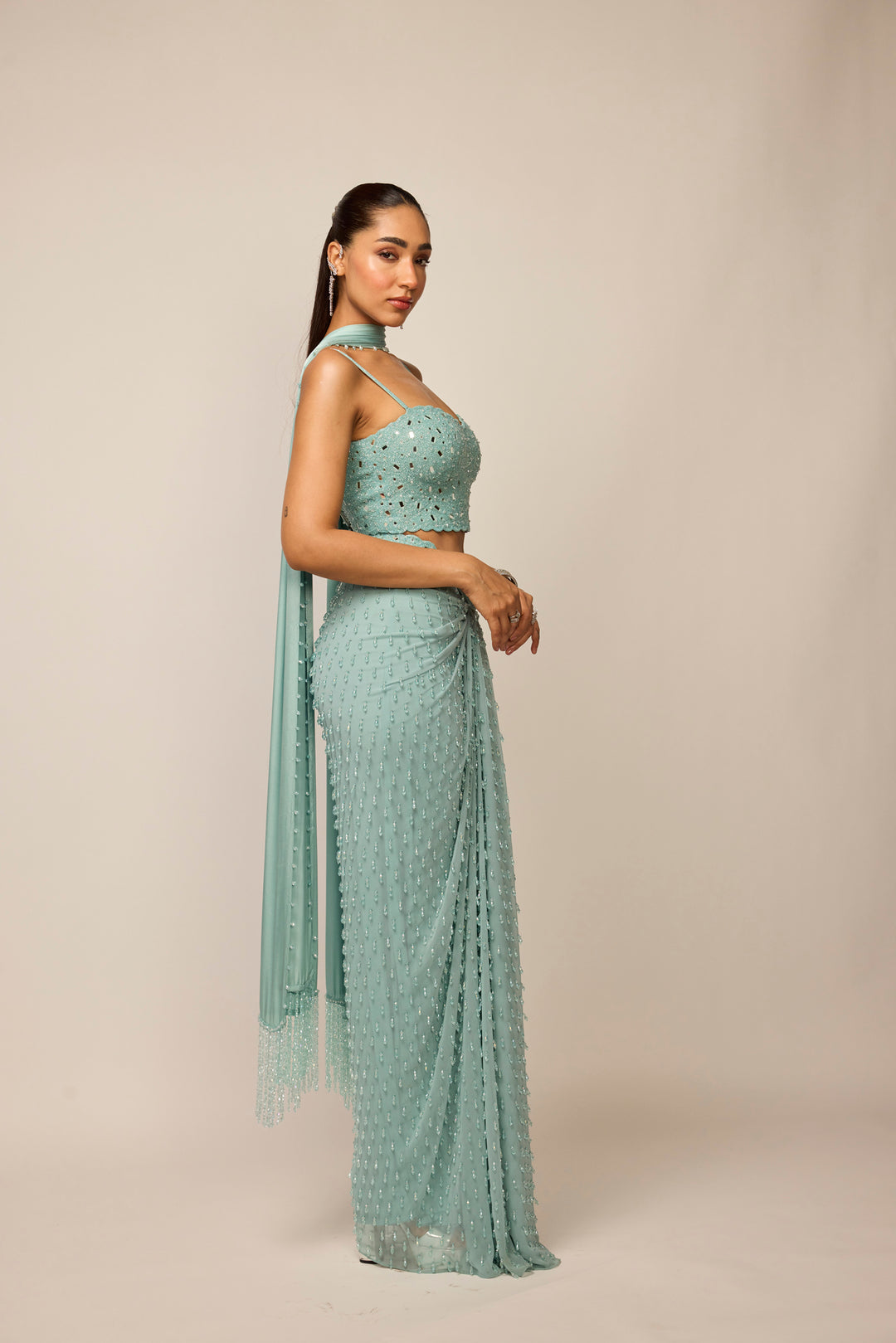 Powder Blue Single Drop Draped Skirt Set