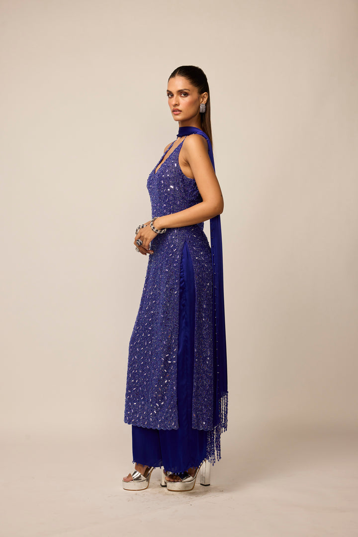 Cocktail Blue V Neck Kurta Set