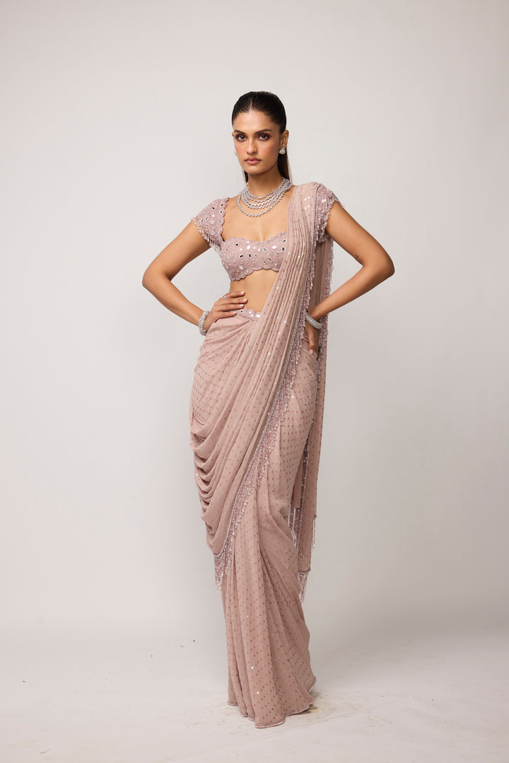 Ash Pink Sequins Embroidered Draped Saree Set