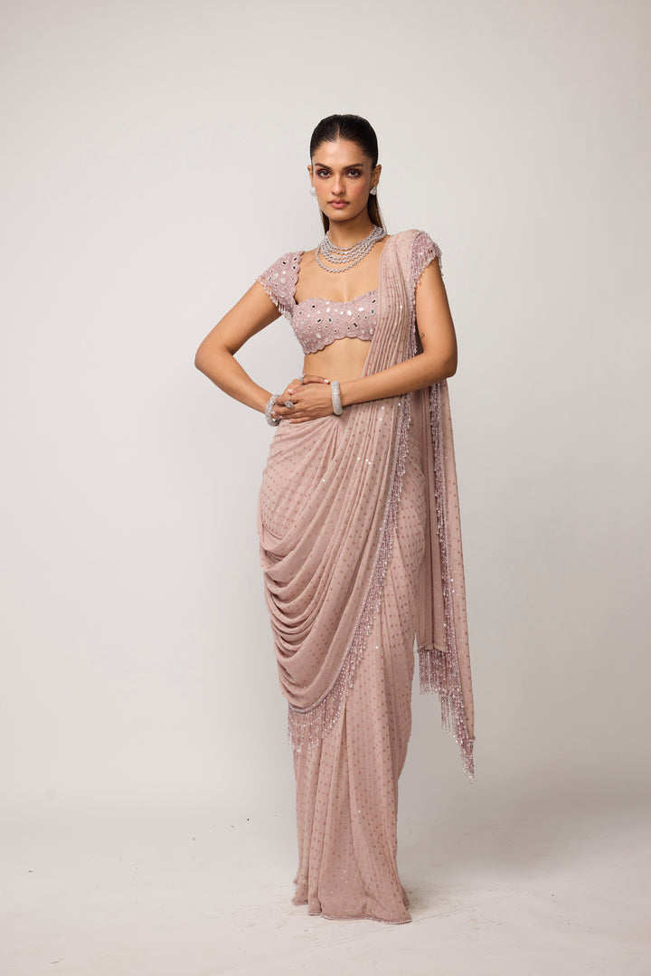 Ash Pink Sequins Embroidered Draped Saree Set