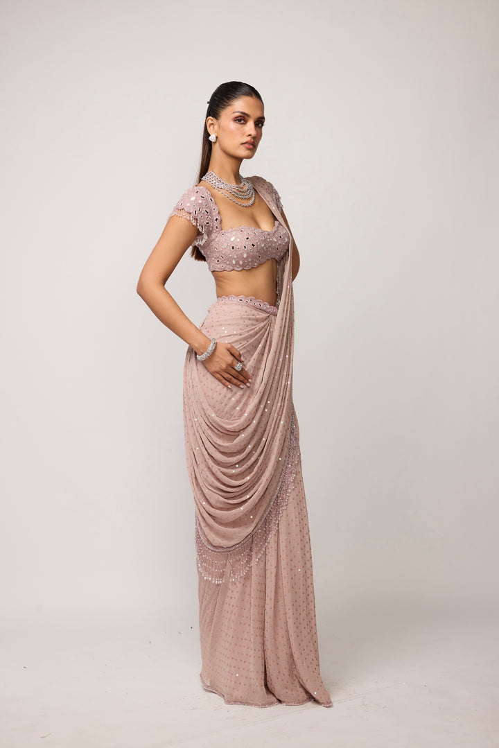 Ash Pink Sequins Embroidered Draped Saree Set