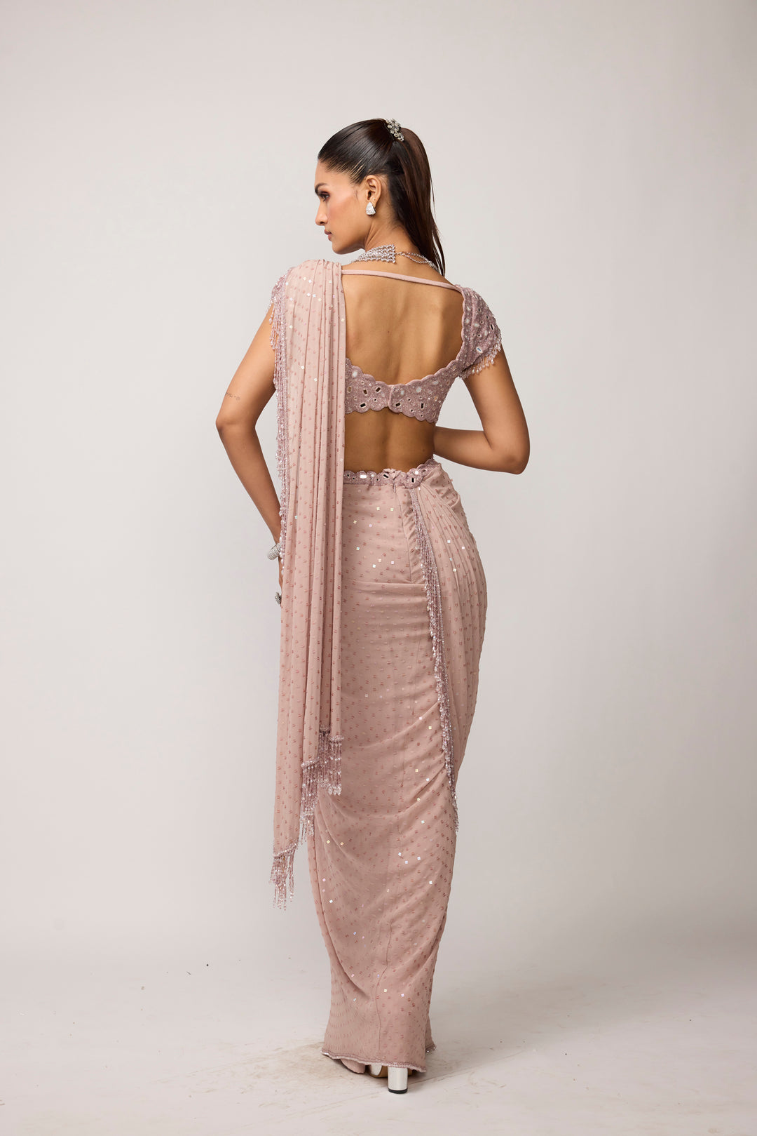 Ash Pink Sequins Embroidered Draped Saree Set