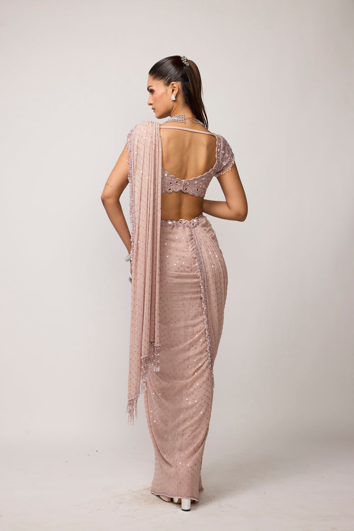Ash Pink Sequins Embroidered Draped Saree Set