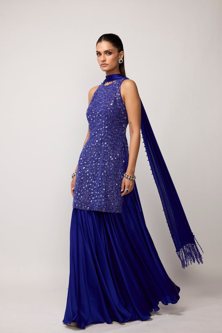 Cocktail Blue Satin Sharara Set