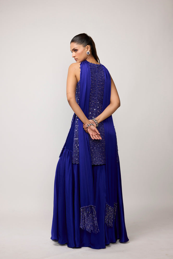 Cocktail Blue Satin Sharara Set