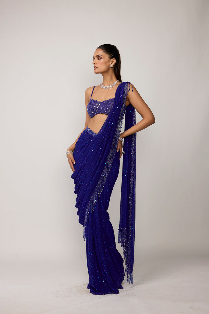 Cocktail Blue Sequins Embroidered Saree Set