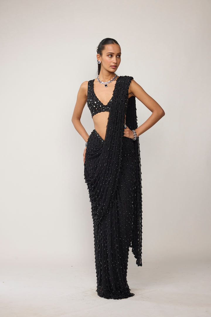 Black Single Drop V Neck Saree Set