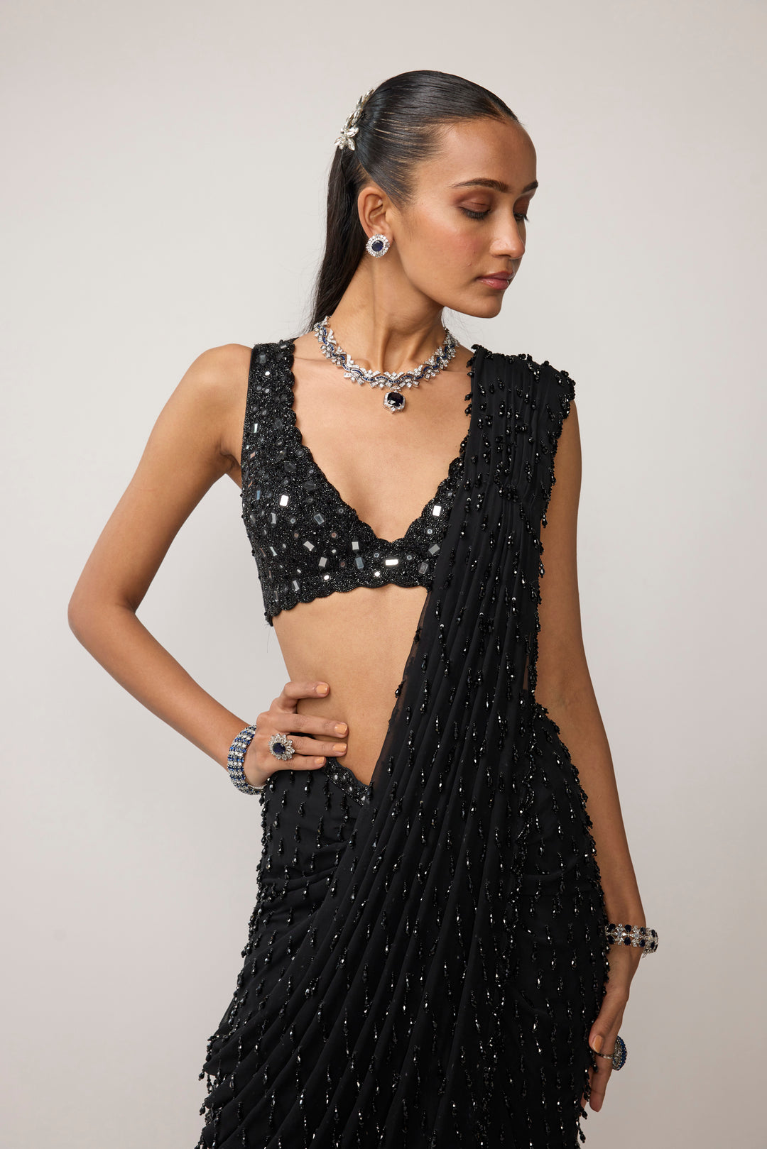 Black Single Drop V Neck Saree Set