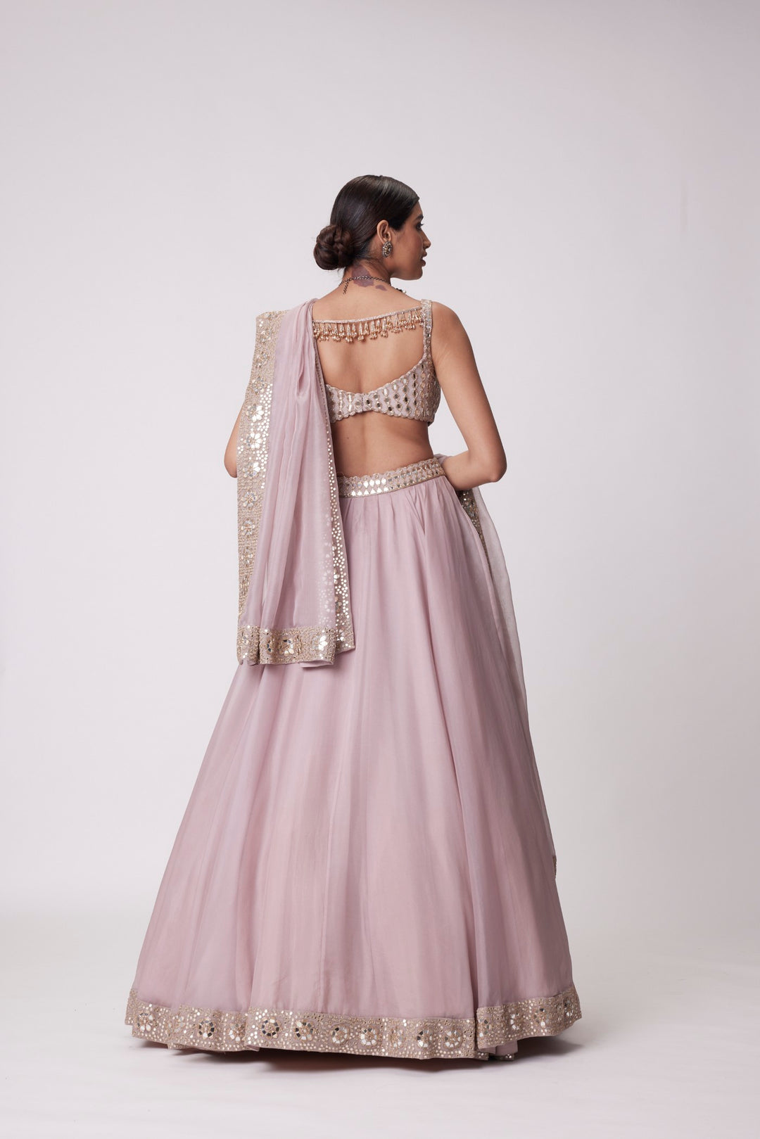 Ash Pink Mirror Hand Embroidered Lehenga Set