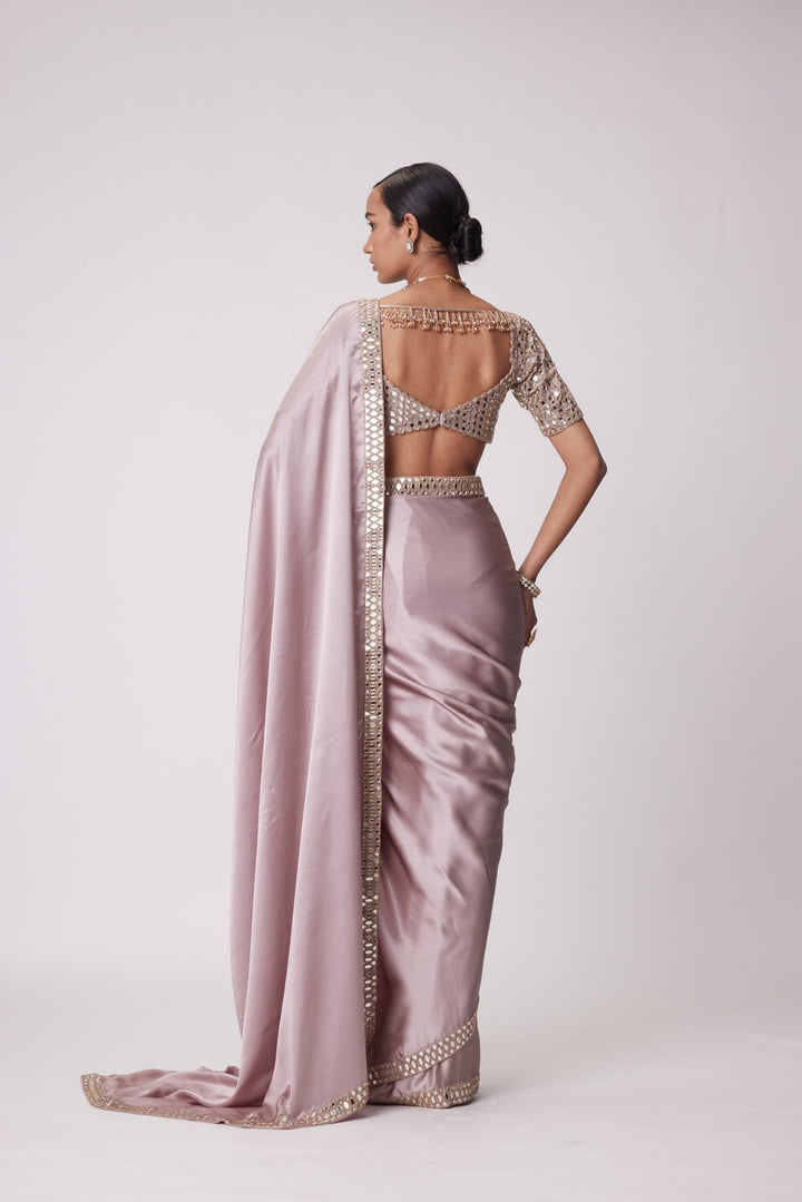 Ash Pink Satin Saree Set