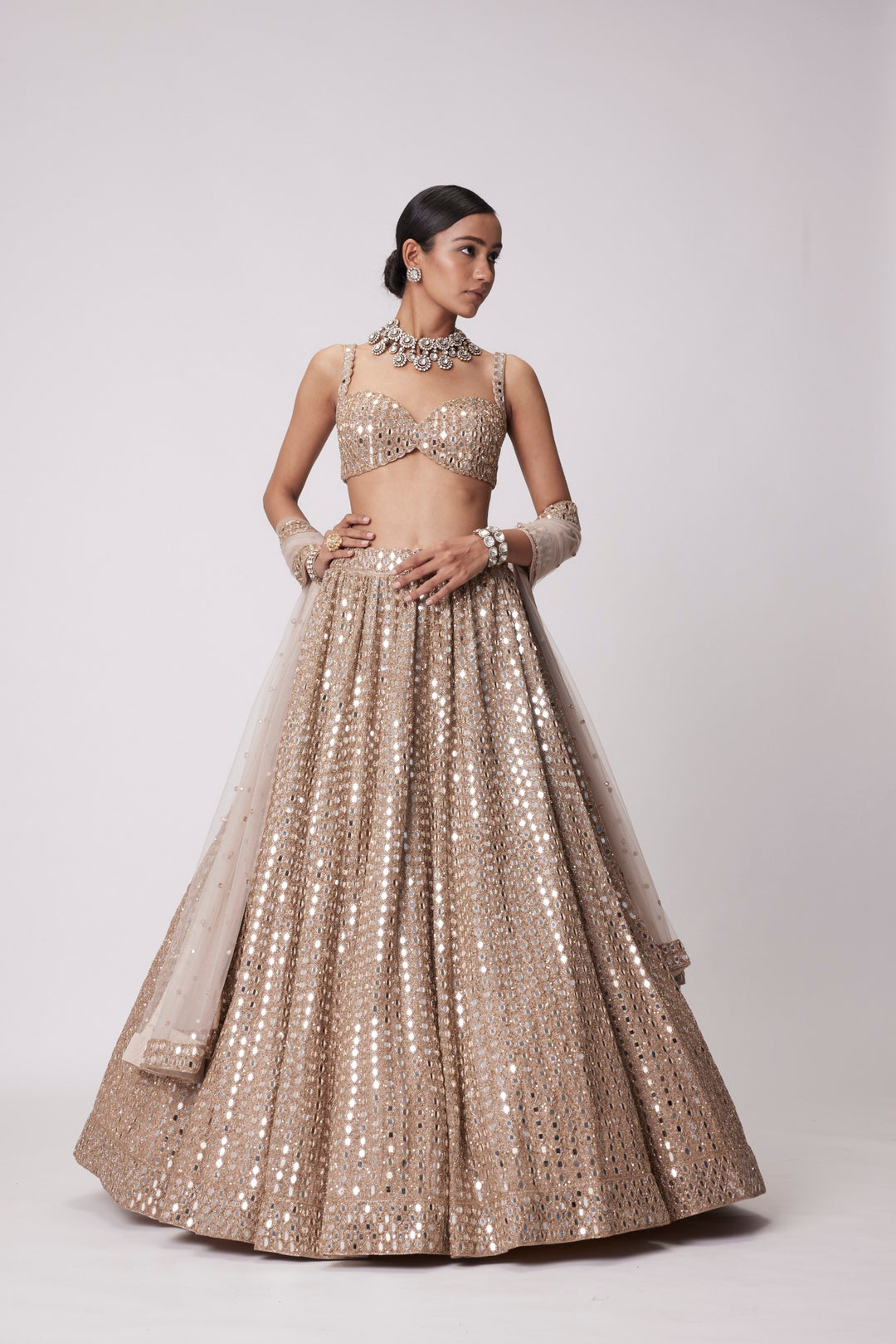 Light Beige Hand Embroidered Lehenga Set