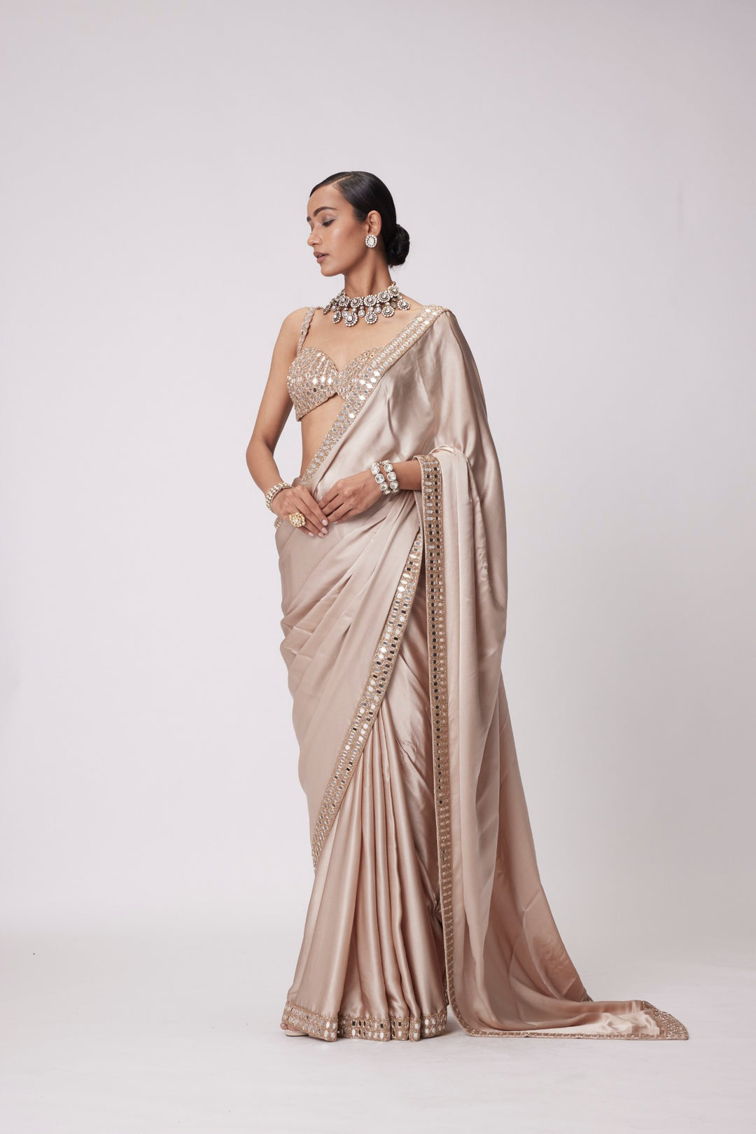 Light Beige Satin Saree Set