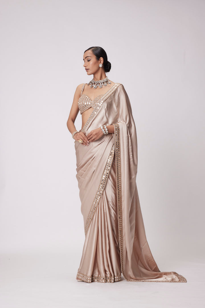 Light Beige Satin Saree Set