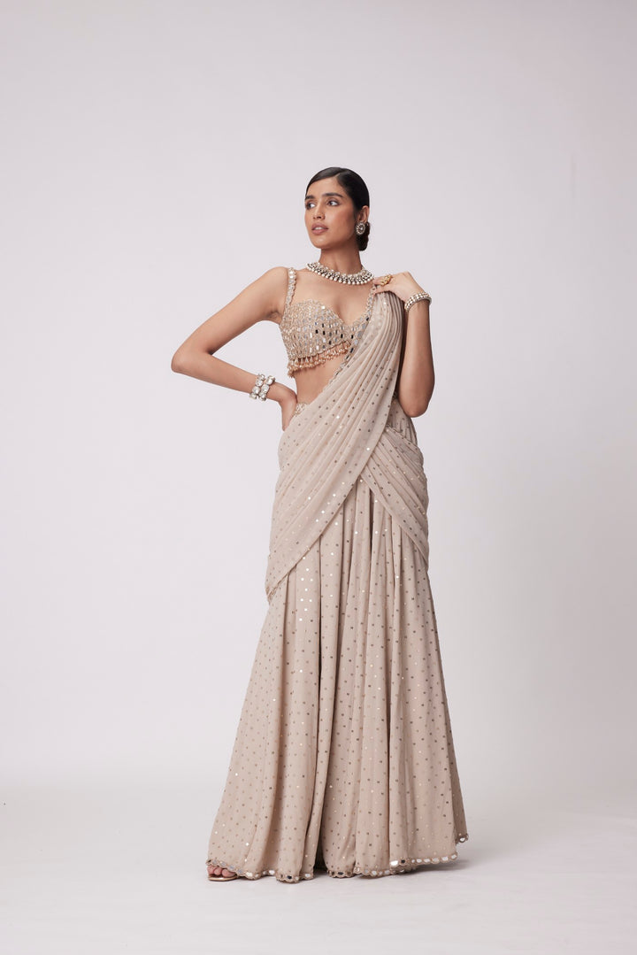 Light Beige Georgette Pre Draped Saree Set