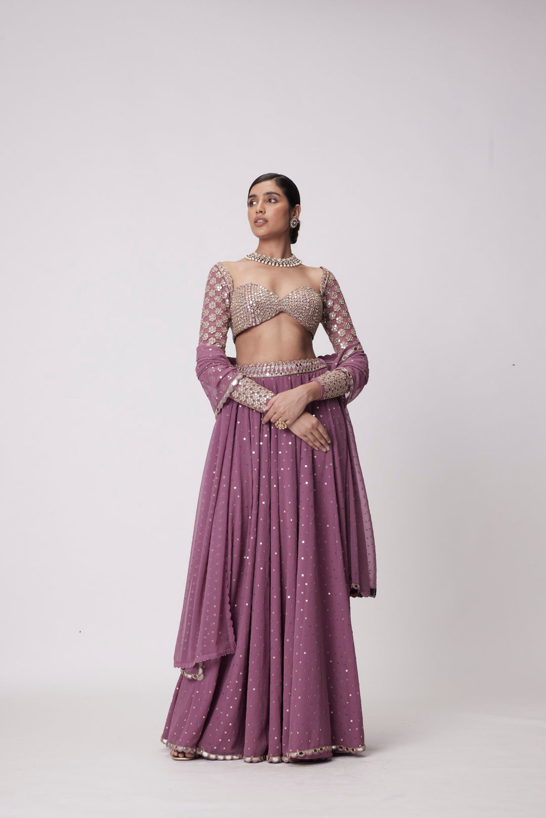 Mud Mauve Mirror Embroidered Lehenga Pants Set