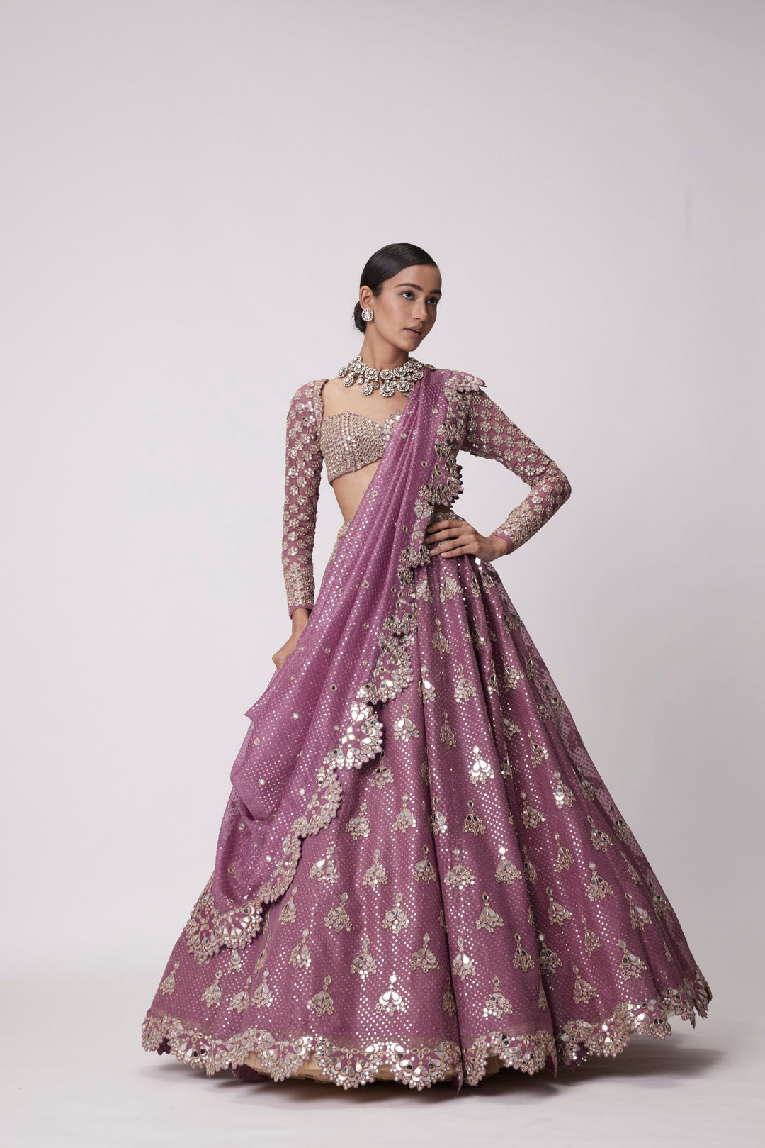 Mud Mauve Sequin And Flower Embroidered Lehenga Set