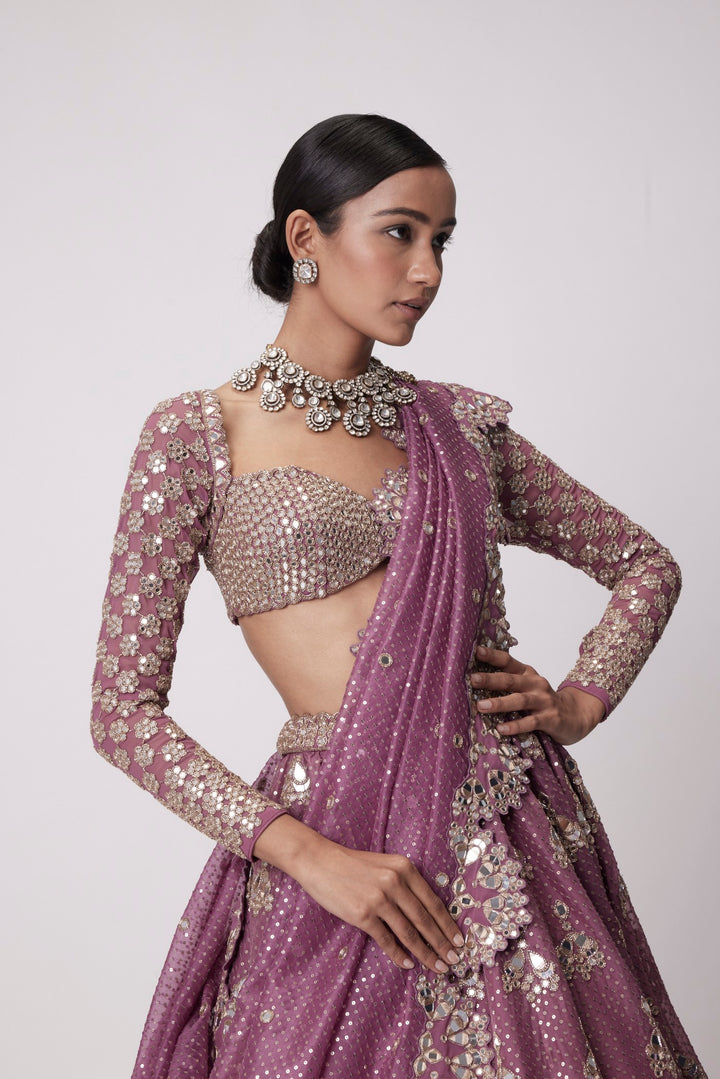 Mud Mauve Sequin And Flower Embroidered Lehenga Set