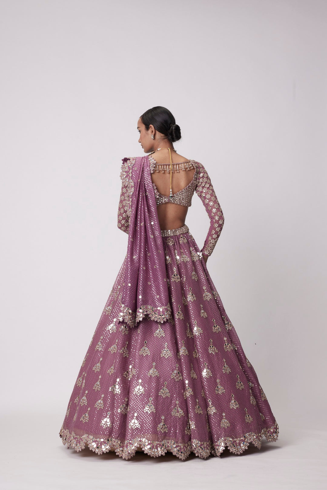 Mud Mauve Sequin And Flower Embroidered Lehenga Set