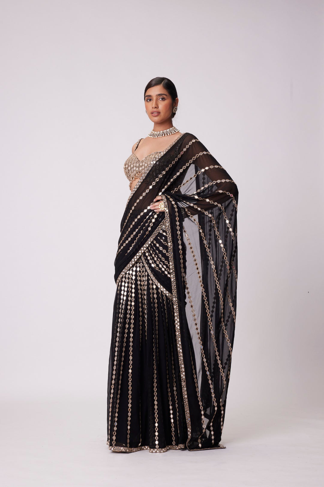 Black Pre Draped Hand Embroidered Saree Set
