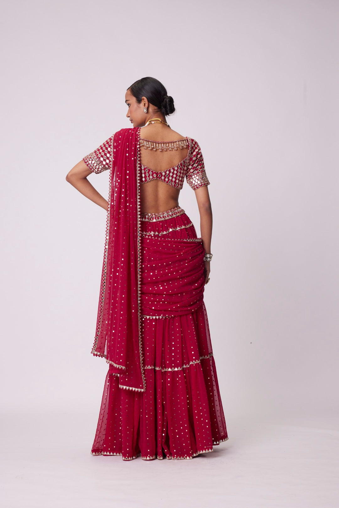 Crimson Red Multi- Tier Saree Set