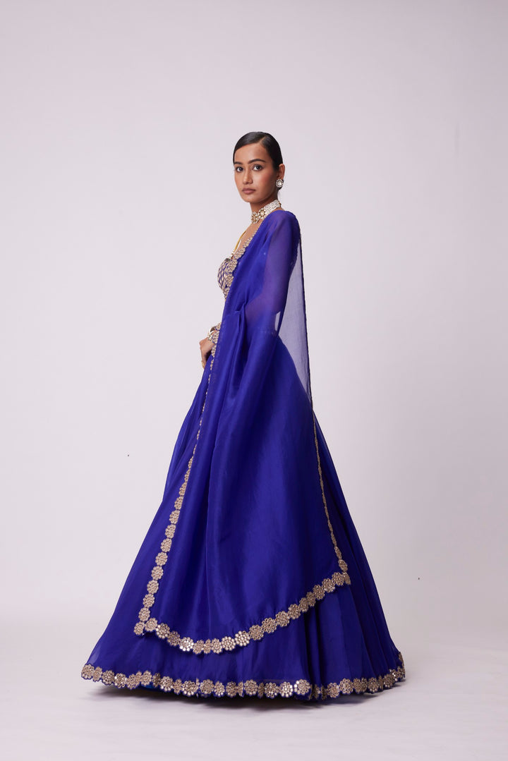Persian Blue Linear Mirror Embroidered Lehenga Set