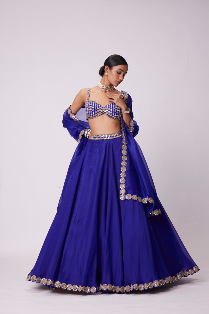 Persian Blue Linear Mirror Embroidered Lehenga Set