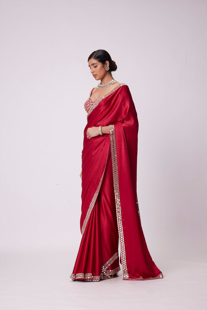 Crimson Red Satin Mirror Embroidered Saree Set