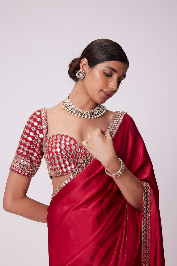 Crimson Red Satin Mirror Embroidered Saree Set