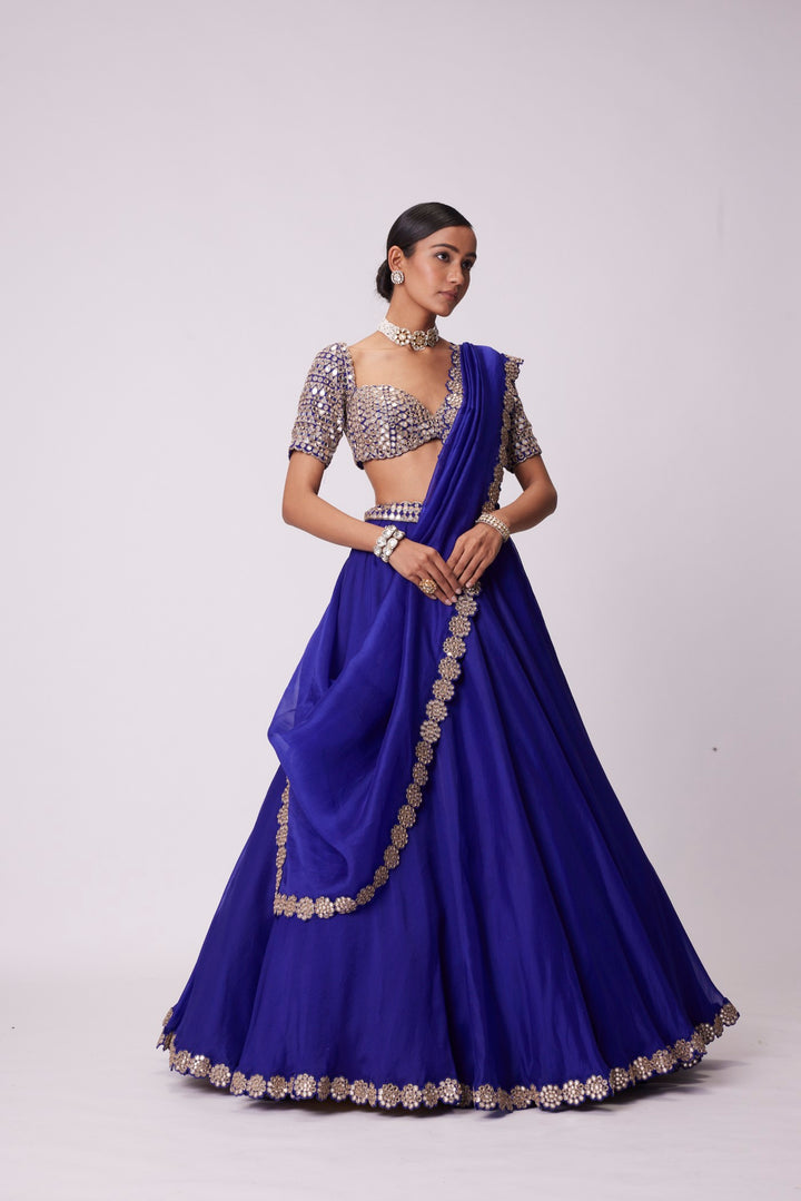 Persian Blue Organza Hand Embroidered Lehenga Set