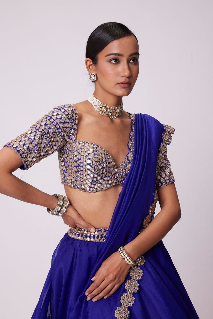 Persian Blue Organza Hand Embroidered Lehenga Set