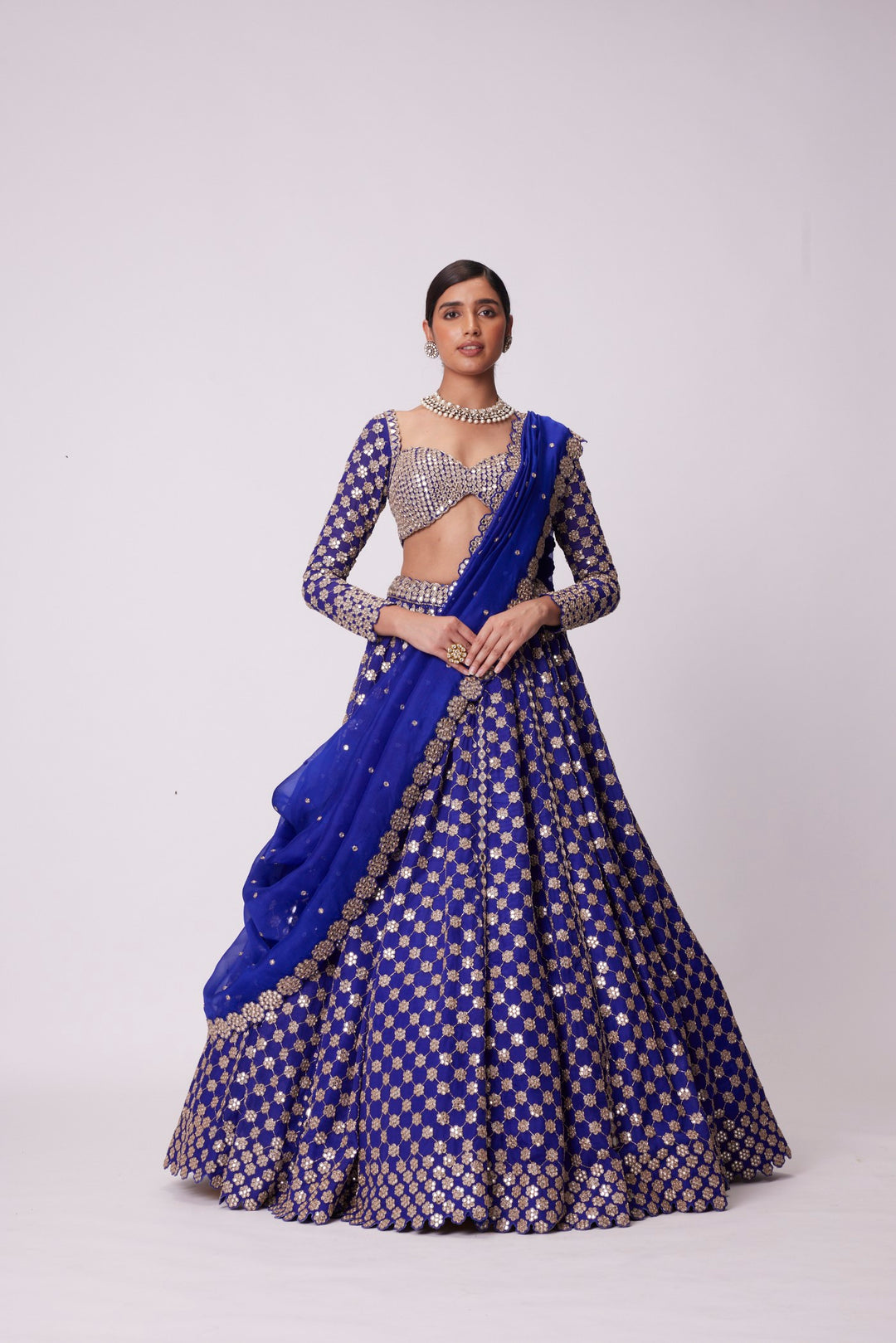 Persian Blue Mirror Flower Hand Embroidered Lehenga