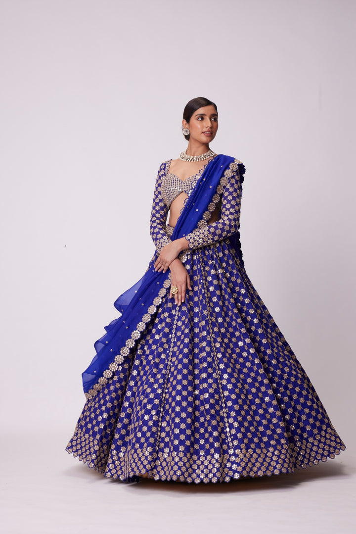 Persian Blue Mirror Flower Hand Embroidered Lehenga