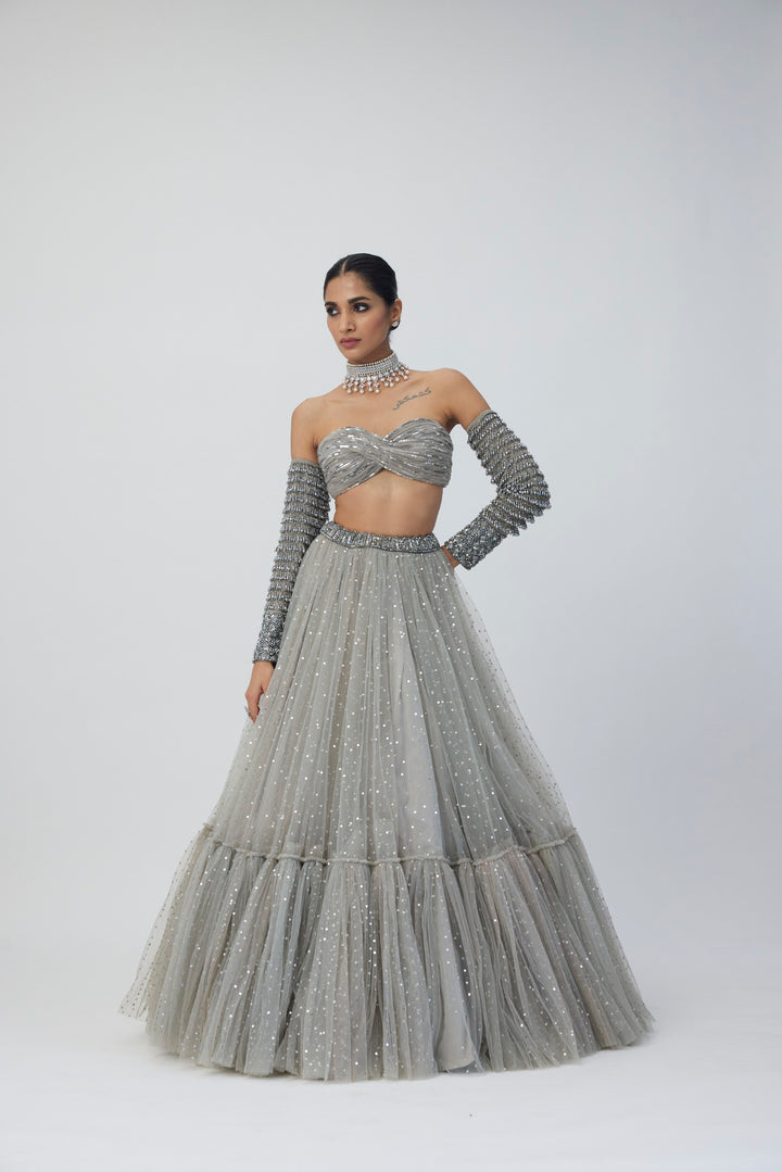 Crystal Grey Tulle Lehenga Set