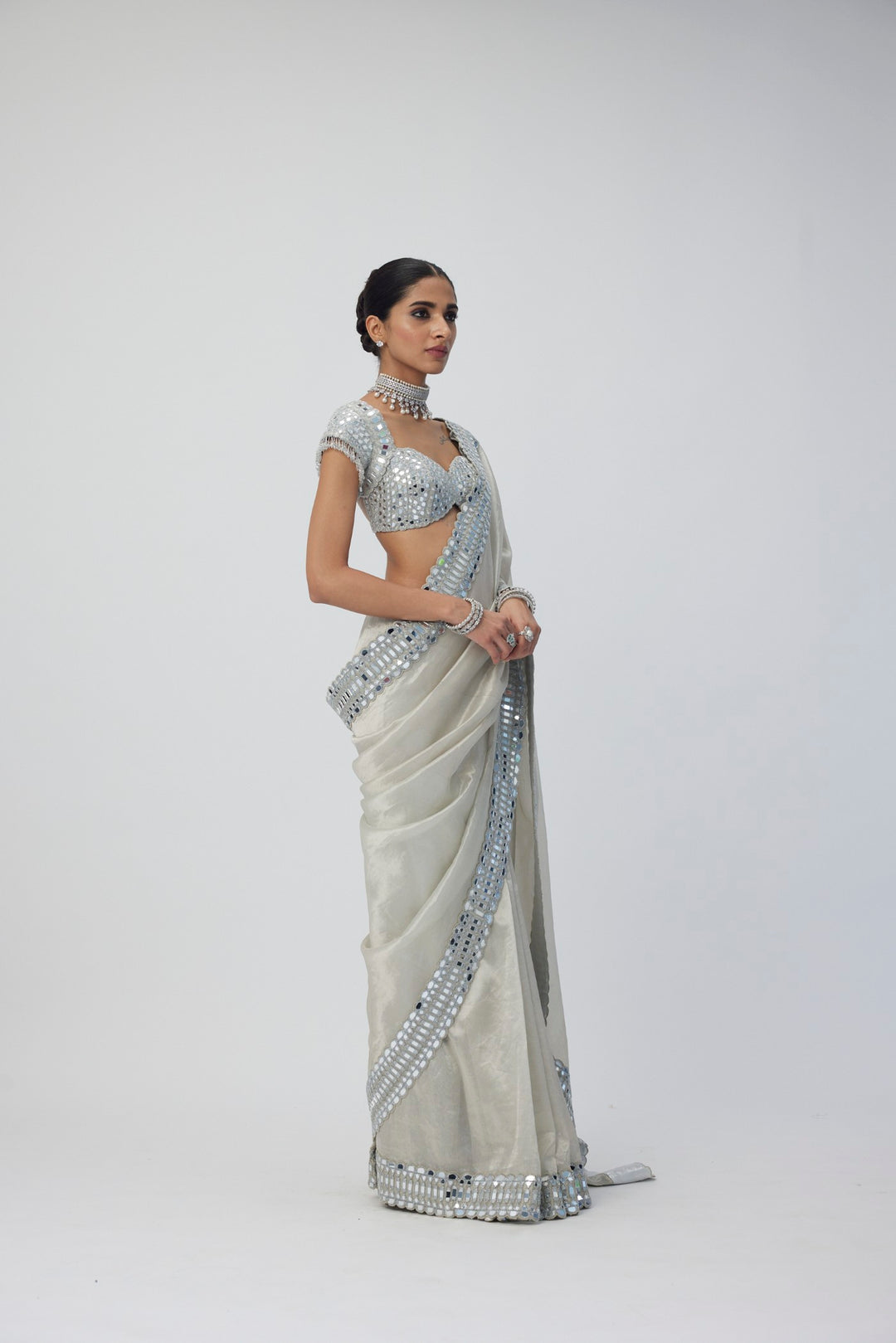 Silver Shimmer Organza Saree Set