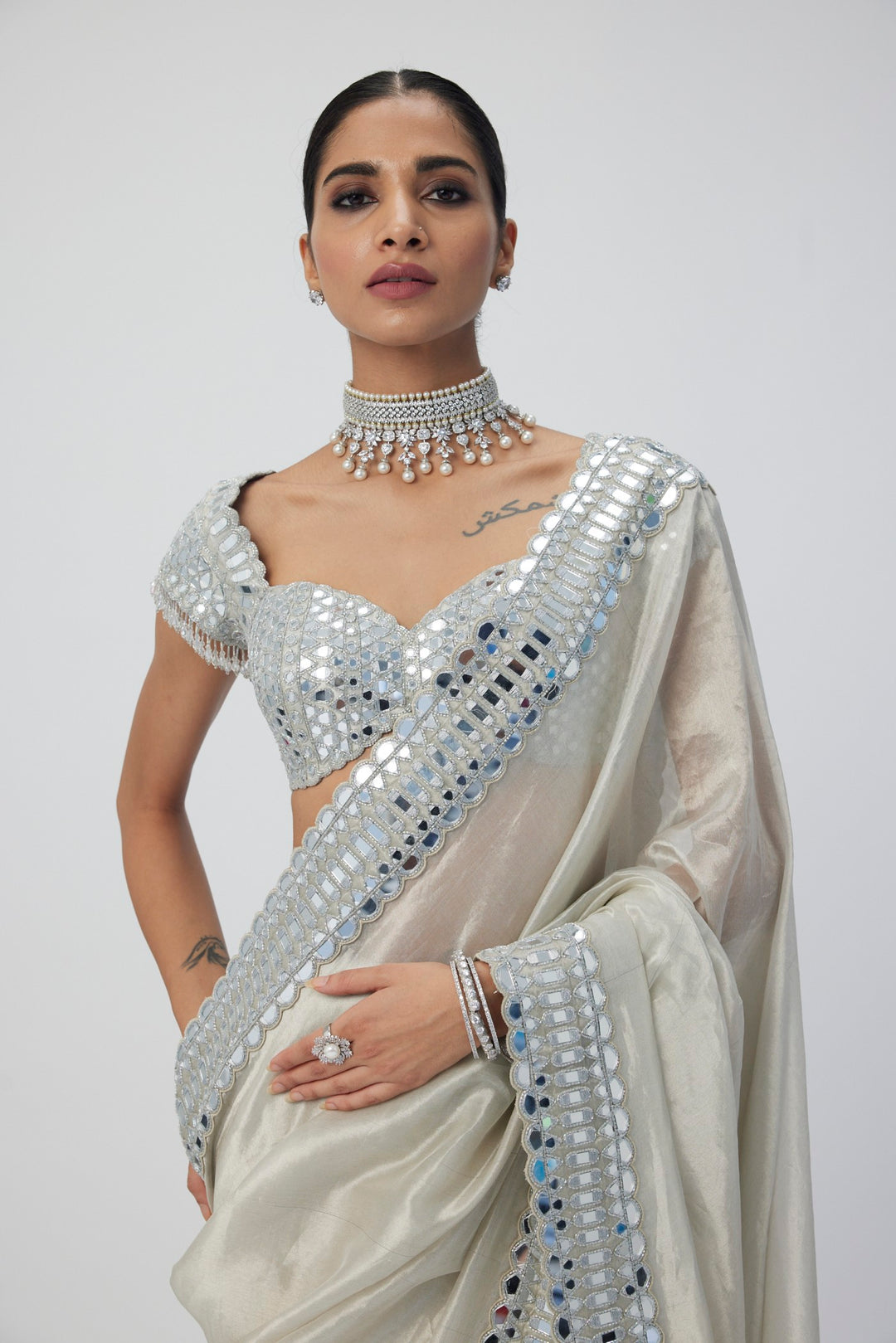 Silver Shimmer Organza Saree Set