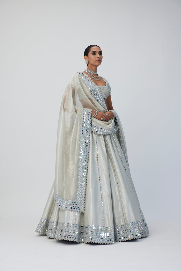 Silver Shimmer Organza Linear Lehenga Set