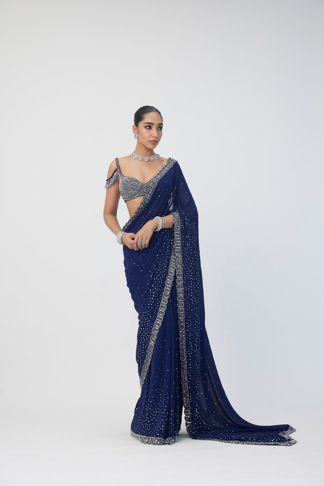Deep Blue Sequins Embroidered Saree